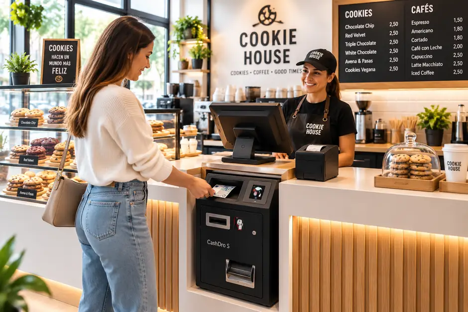 Cliente pagando en un cajón inteligente CashDro integrado en un comercio