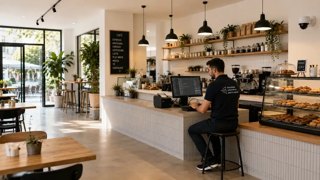 Técnico de Suvetek configurando el TPV en el mostrador de una cafetería
